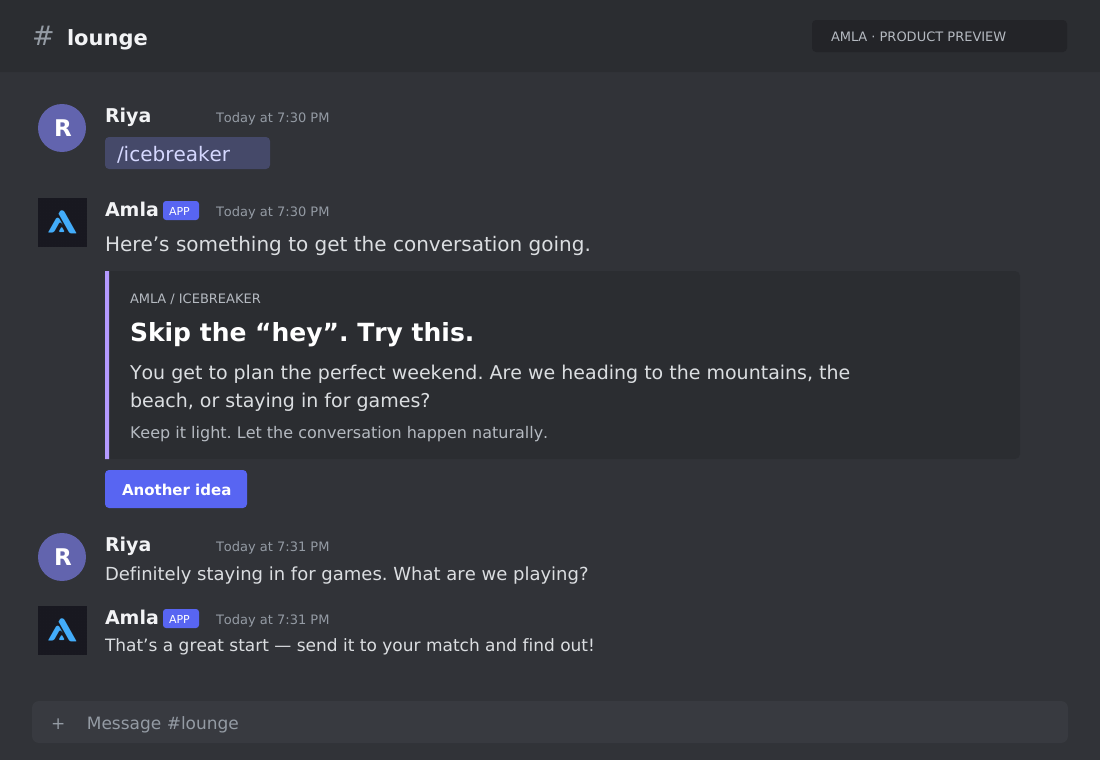 Illustrative Discord conversation showing Amla helping a user with icebreaker