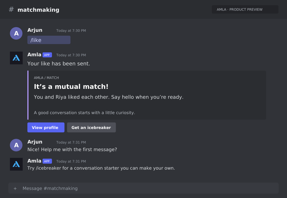 Illustrative Discord conversation showing Amla helping a user with match