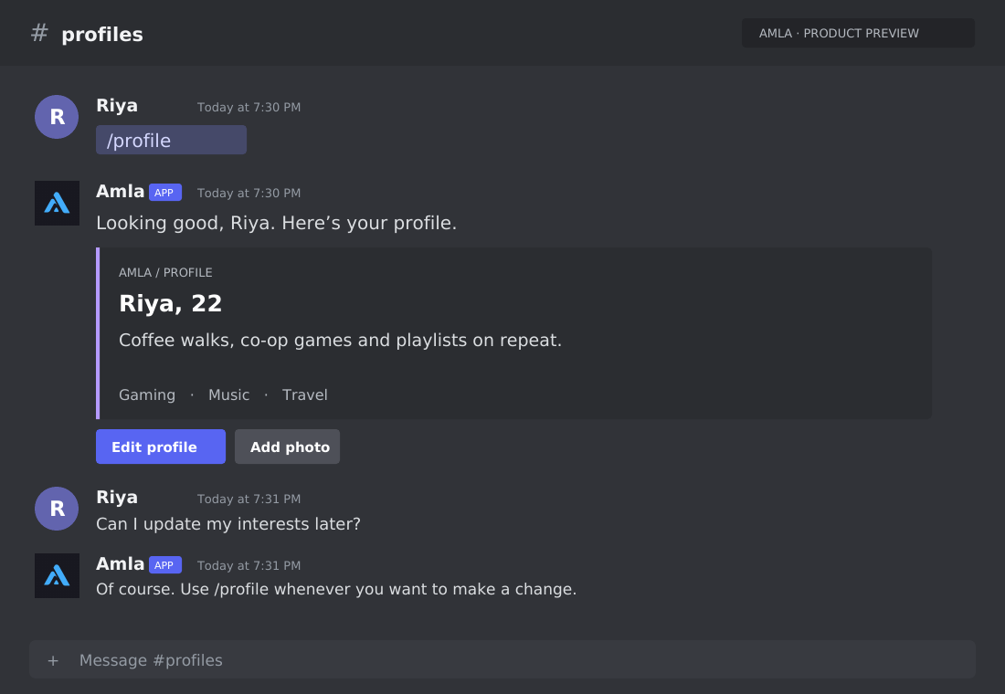 Illustrative Discord conversation showing Amla helping a user with profile